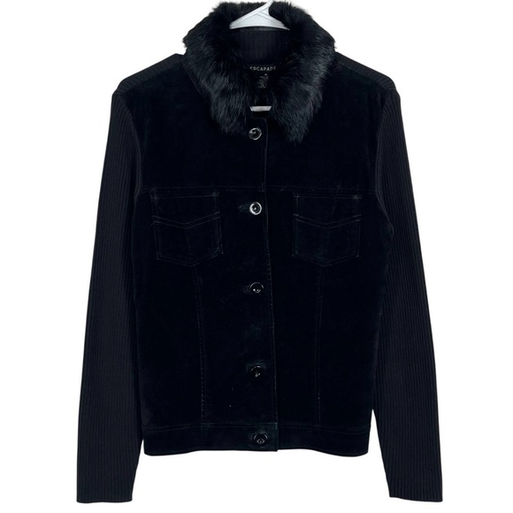 Escapade 100% Genuine Suede Front with Rabbit Hair Collar Women’s Black Jacket - Picture 1 of 9